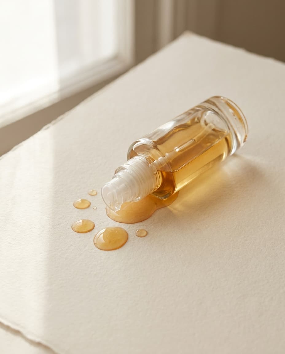 A slim amber glass bottle of cleansing oil resting on travertine, with linen cloth in soft window light.