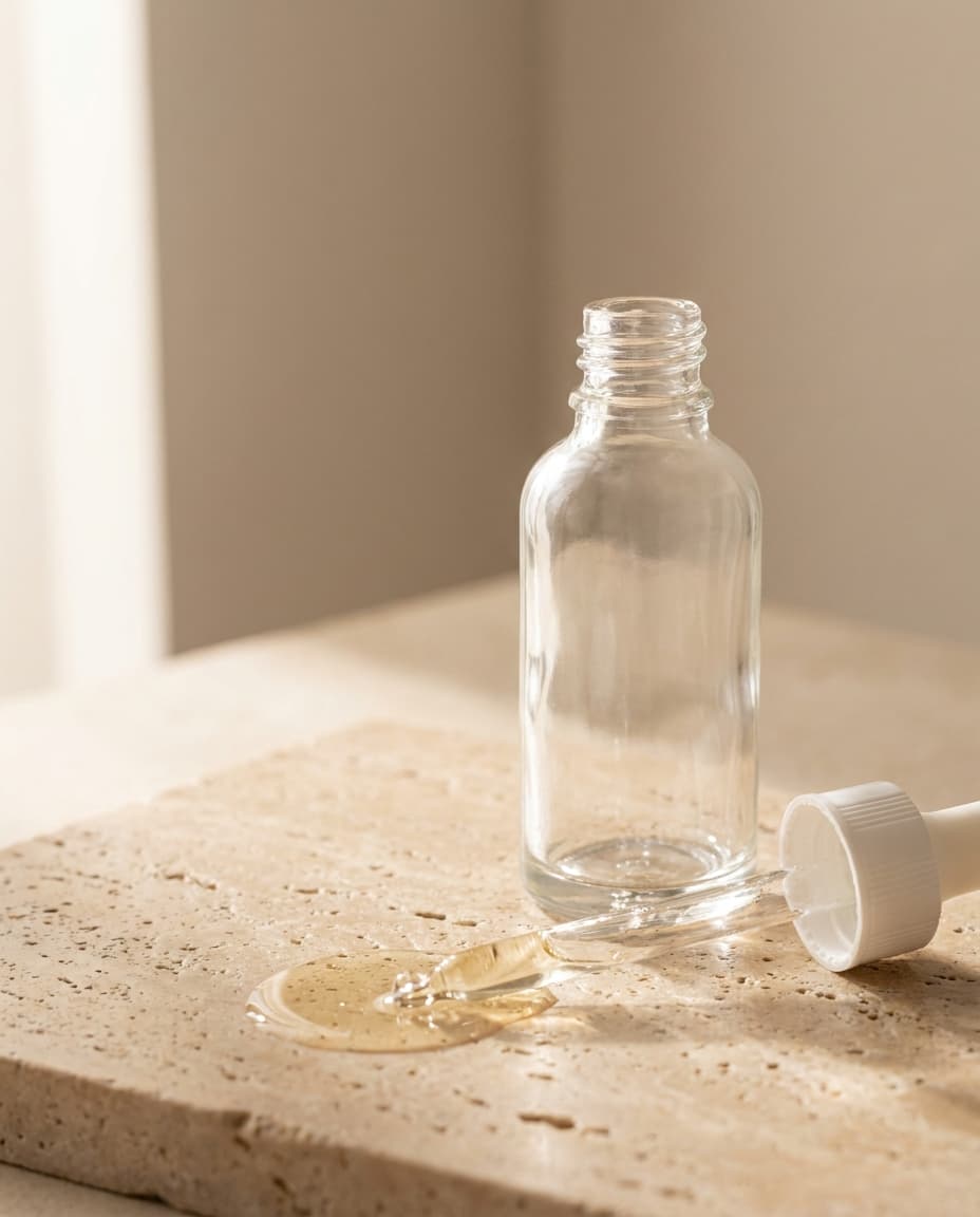 A small frosted glass dropper bottle of clear serum on a pale stone surface, photographed in cool diffuse light.