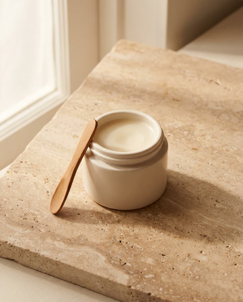 A small unlabeled glass jar of pale balm on travertine stone, soft window light raking the surface.