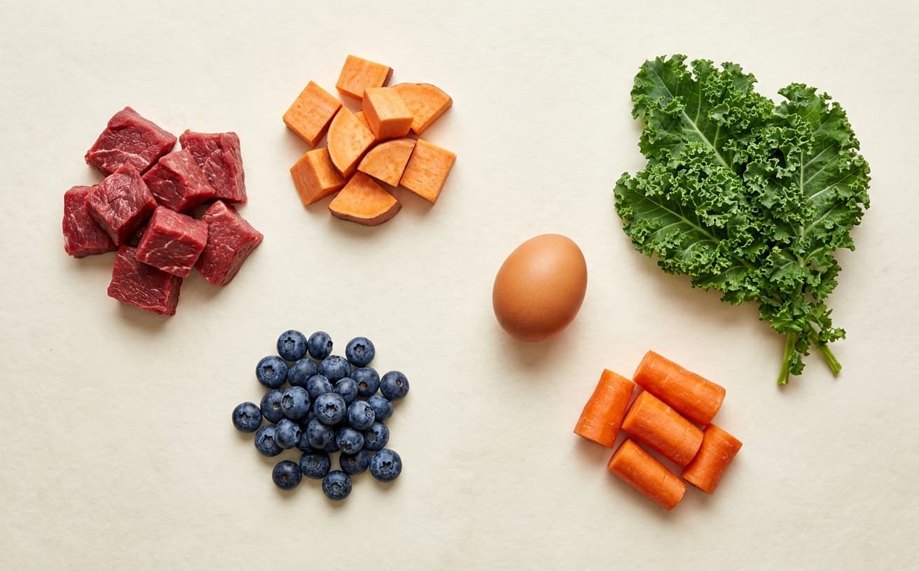An overhead photograph of raw ingredients arranged on a wooden board: beef, sweet potato, kale, carrot, blueberry, and a whole egg.