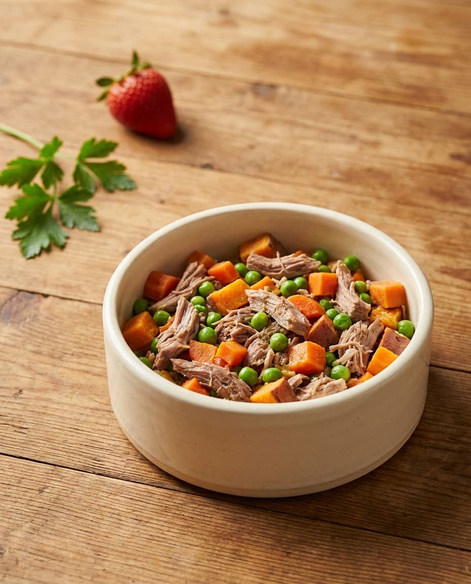 A neat stack of cold-packed Hounder meal pouches next to a ceramic bowl filled with gently cooked beef, sweet potato, and greens.
