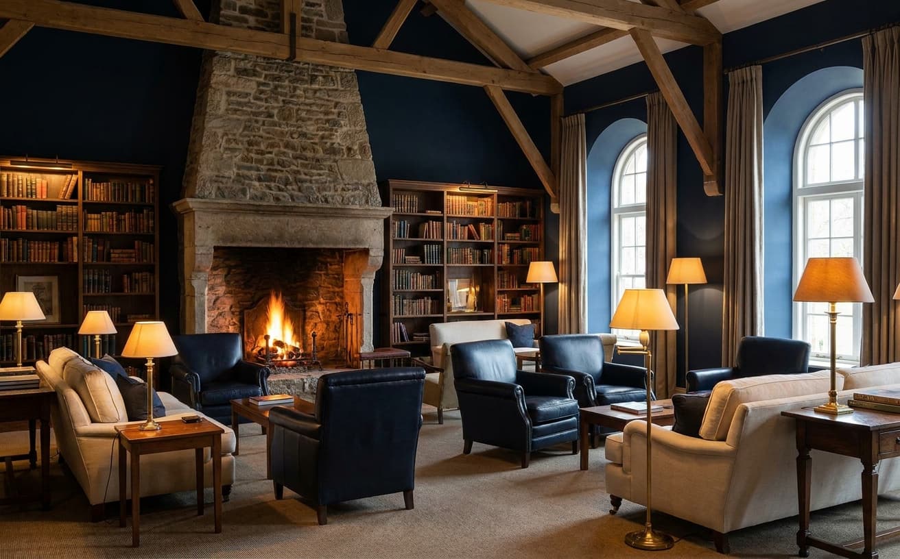 Lantern lobby: a hotel library with fireplace, low intimate lighting, comfortable seating.