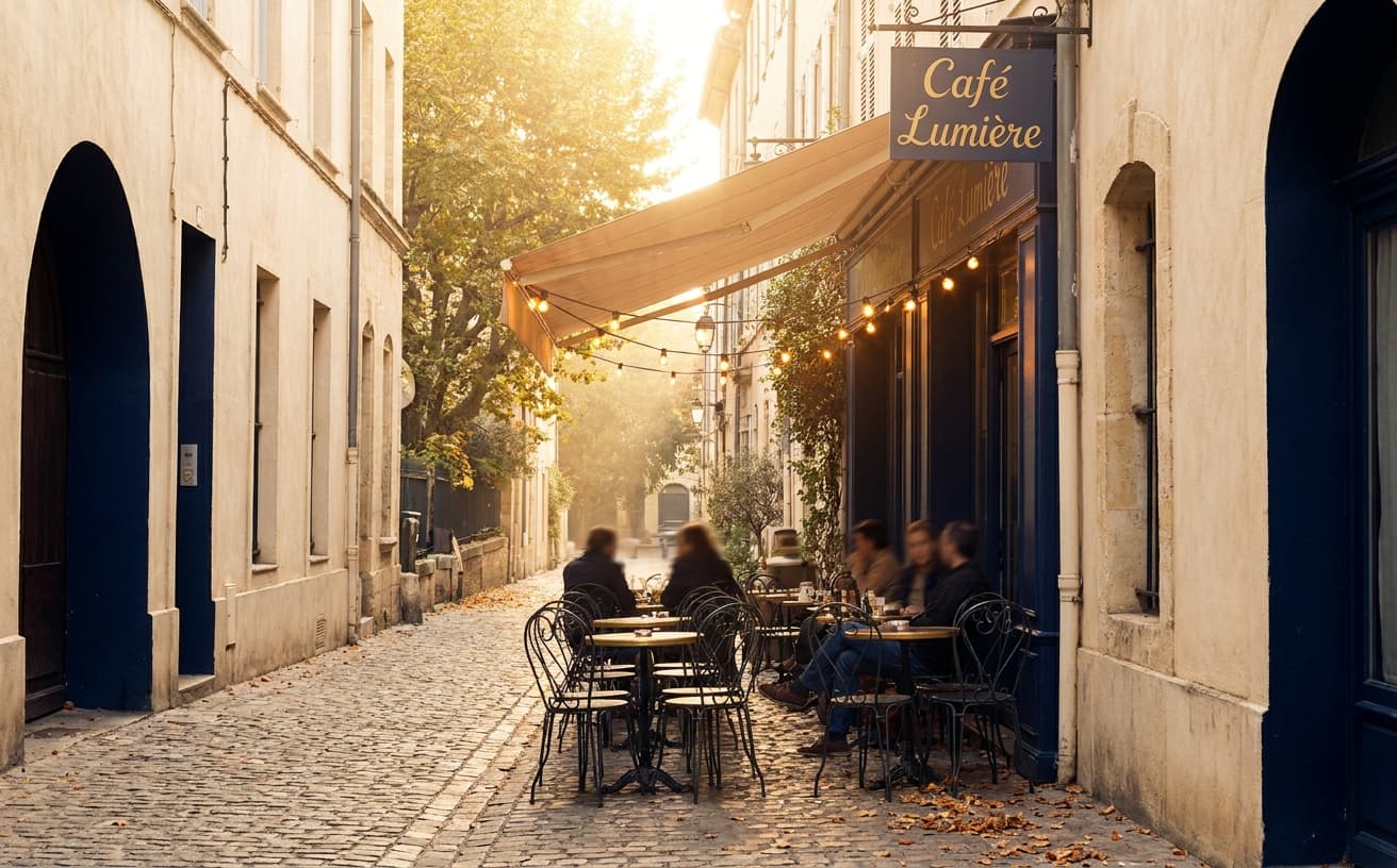 A street scene at golden hour suggesting the neighborhood: warm cafe terrace and atmospheric stone.