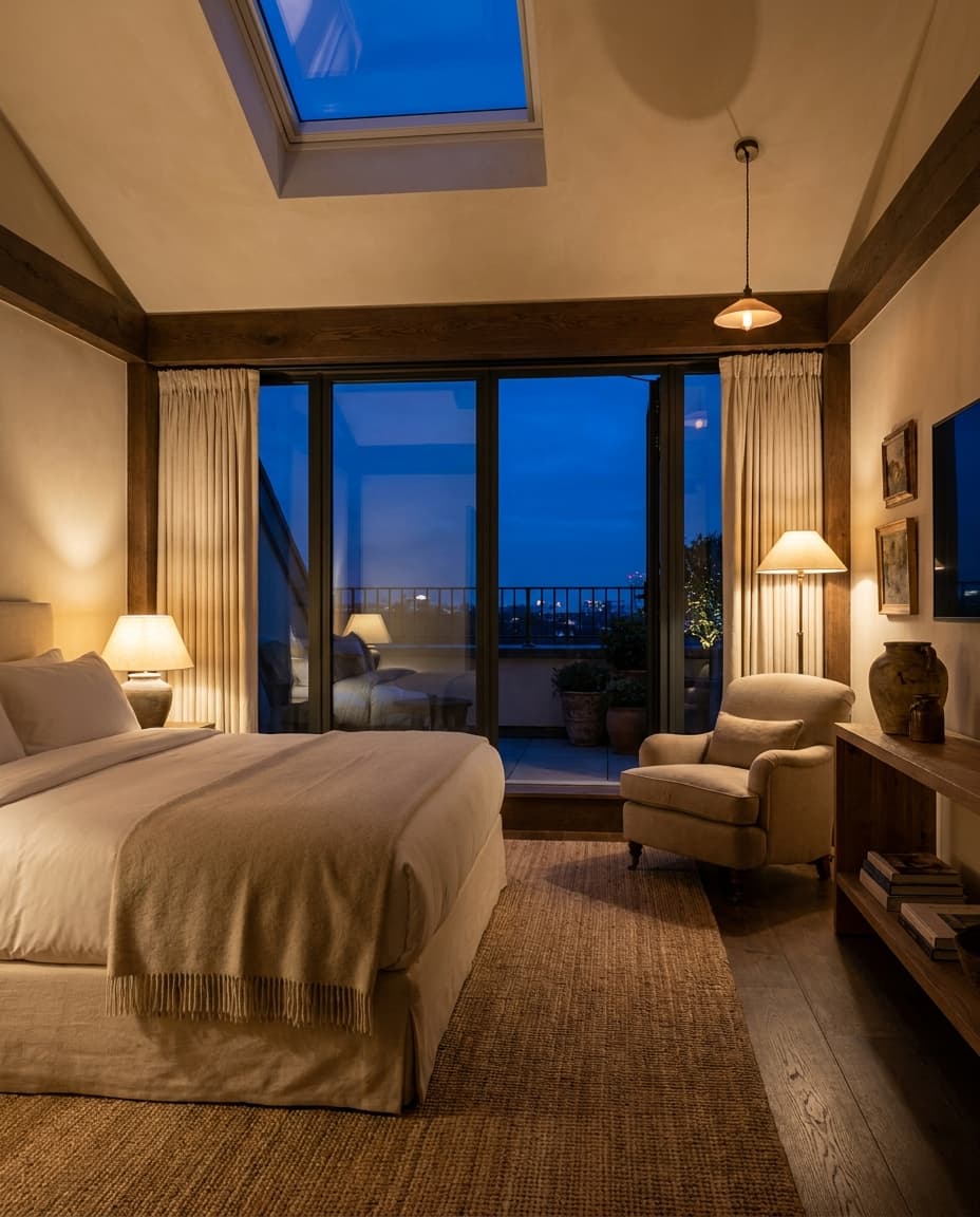 Lantern Garret: a top-floor room with a skylight and intimate warm lighting.