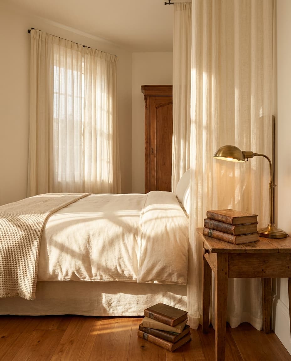 Lantern Reading Room: a bed in golden morning light through linen curtains, books on the bedside table.