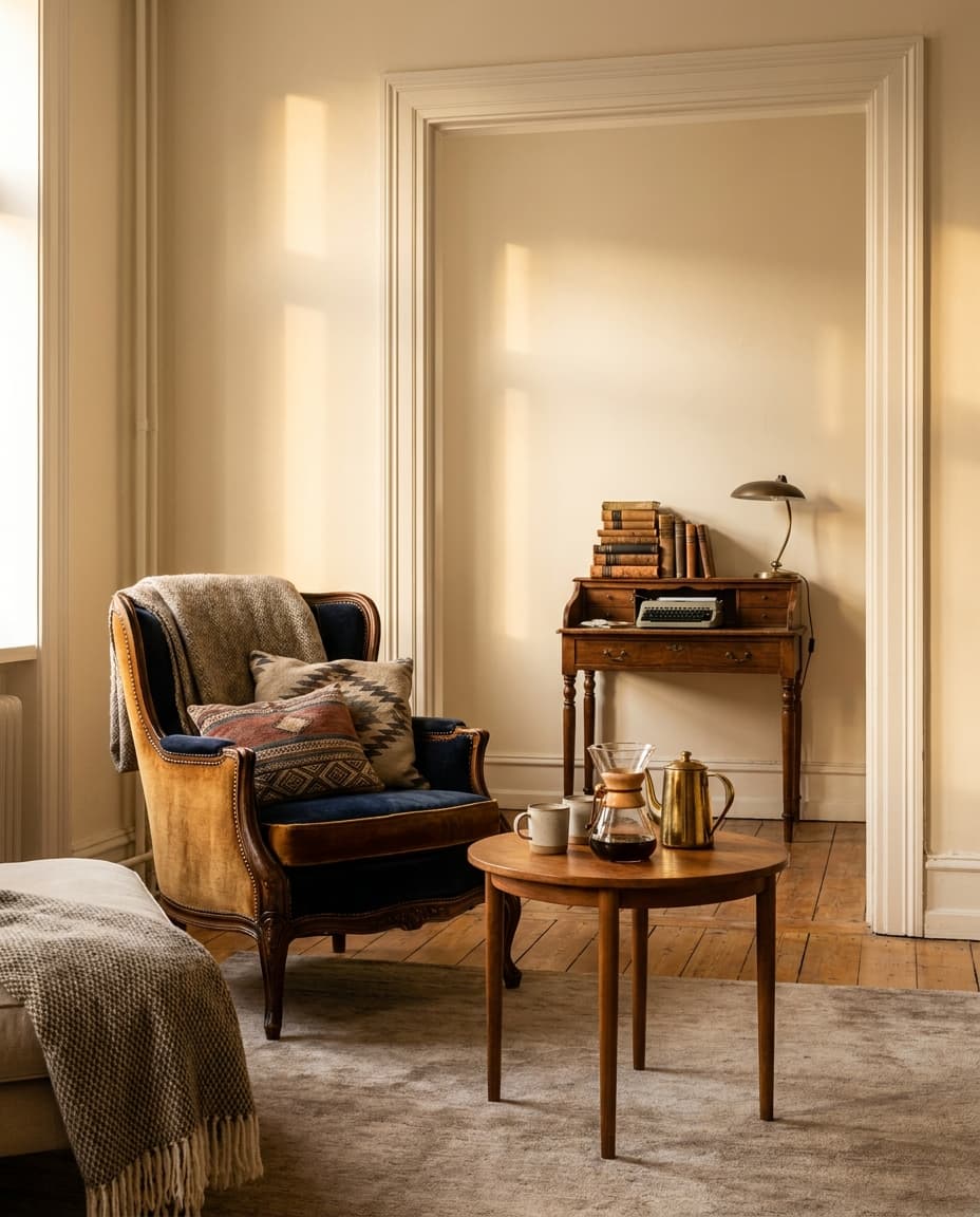 Lantern Studio: a sitting area with vintage furniture, a writing desk, and warm afternoon light.