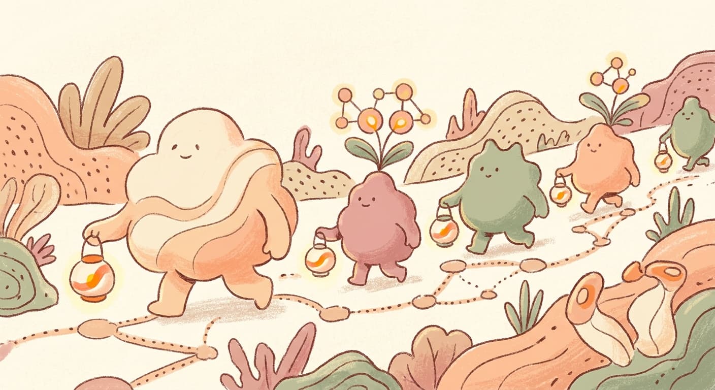 Companion archetype: warm hand-drawn illustration over a soft pastel palette.
