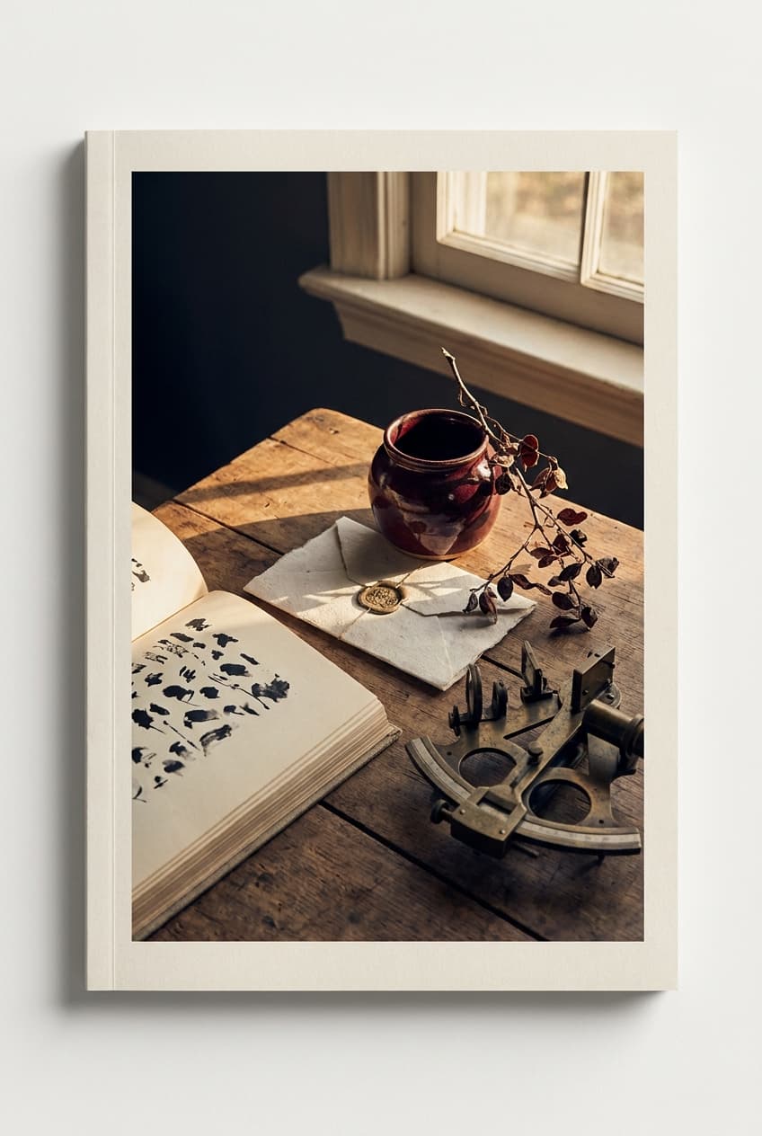 A still life of a hardcover book, fountain pen, and small ceramic vessel arranged in warm raking light on a textured wooden surface.