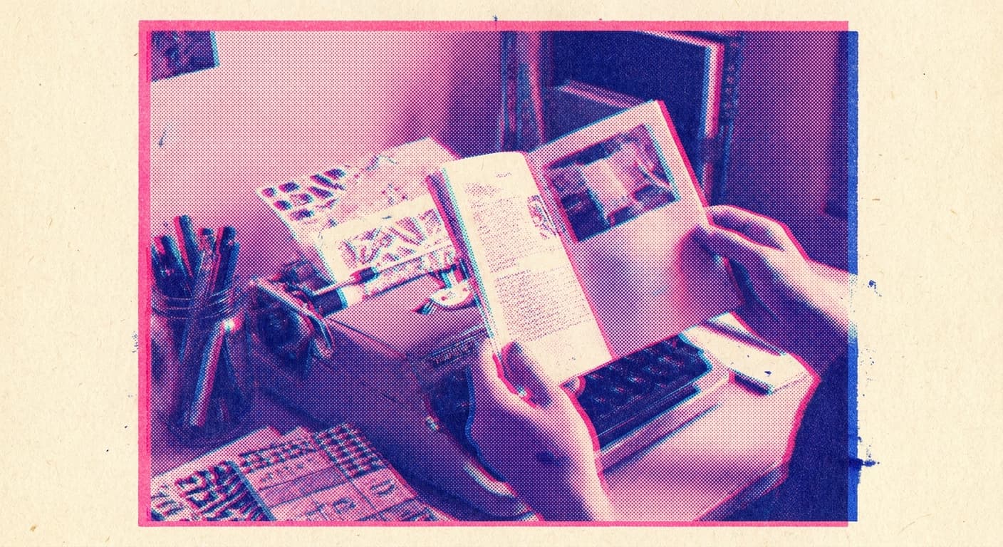 A two-color risograph print of hands holding a vintage book over a typewriter, treated in pink fluorescent and deep blue inks with halftone dots and intentional misregistration.