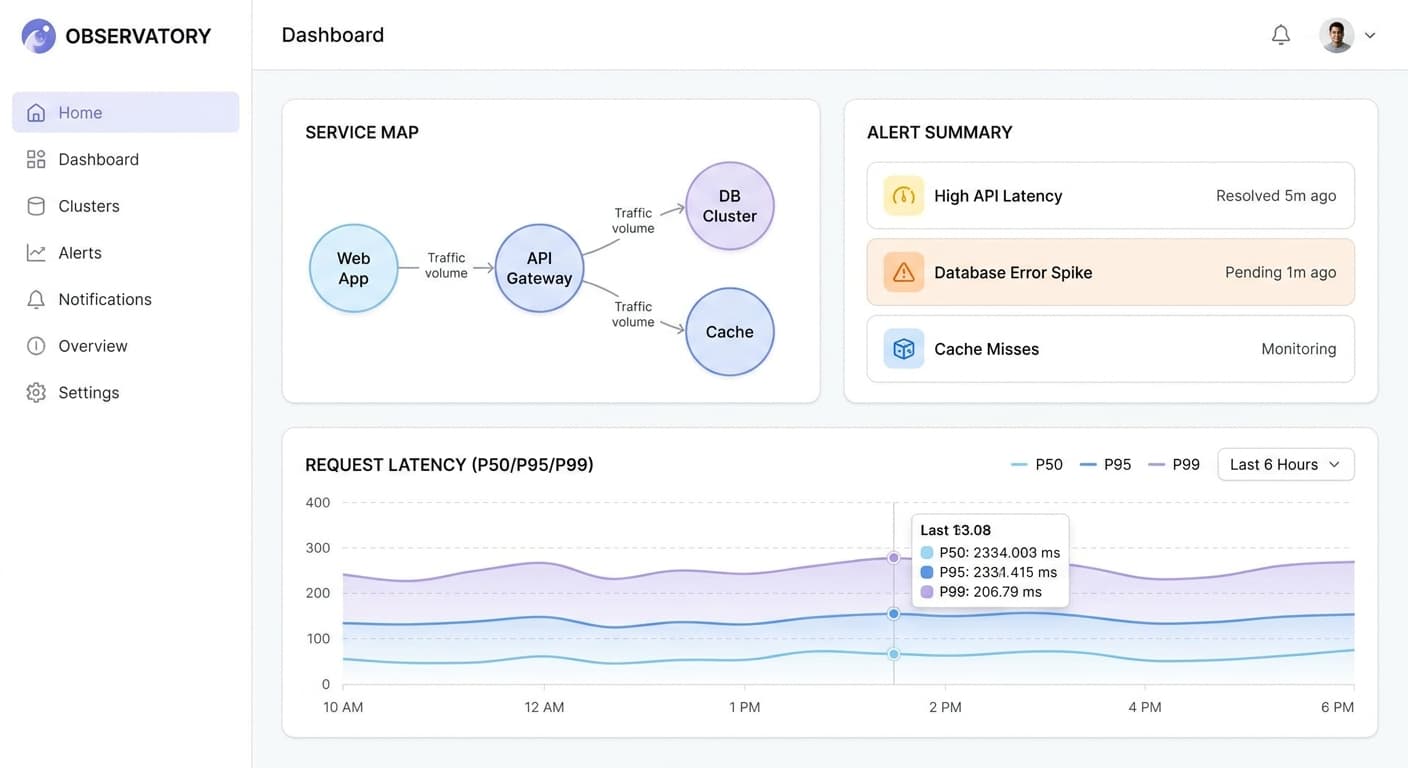 Standard archetype: clean Observatory dashboard mockup over a balanced light SaaS layout.