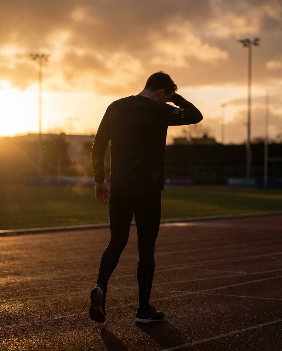 An athlete during cool-down with head down, no clear face visible.