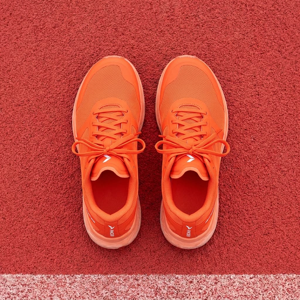 Pacer track running shoes in bright orange photographed from above on red track surface.