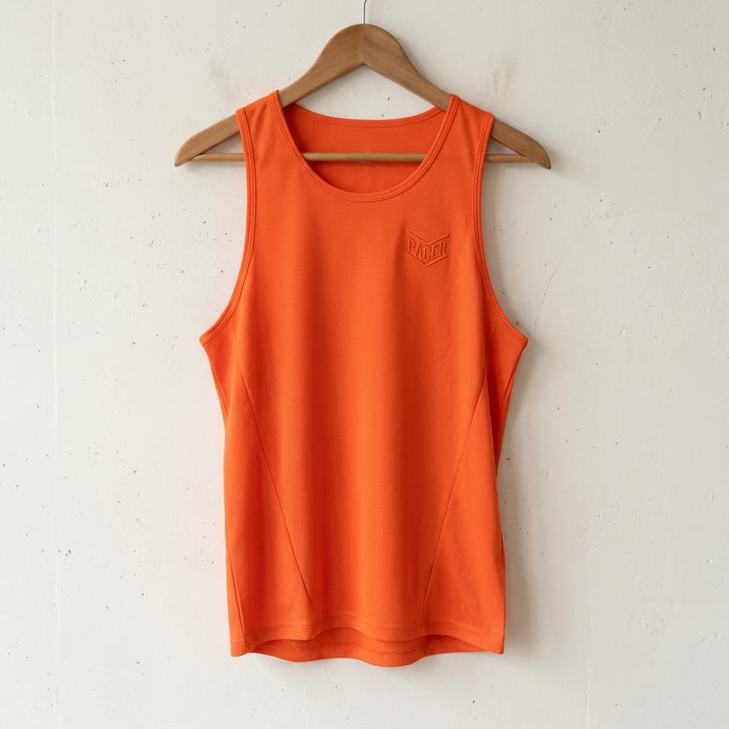 Pacer race singlet in performance orange on a neutral concrete background.