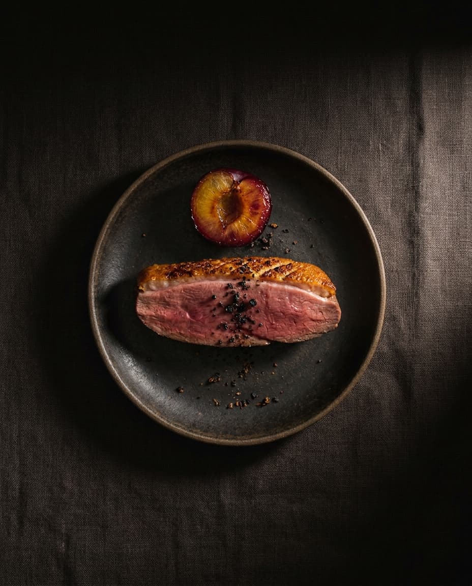 A plate of forty-day aged duck with juniper and plum, restrained composition, dim moody light.