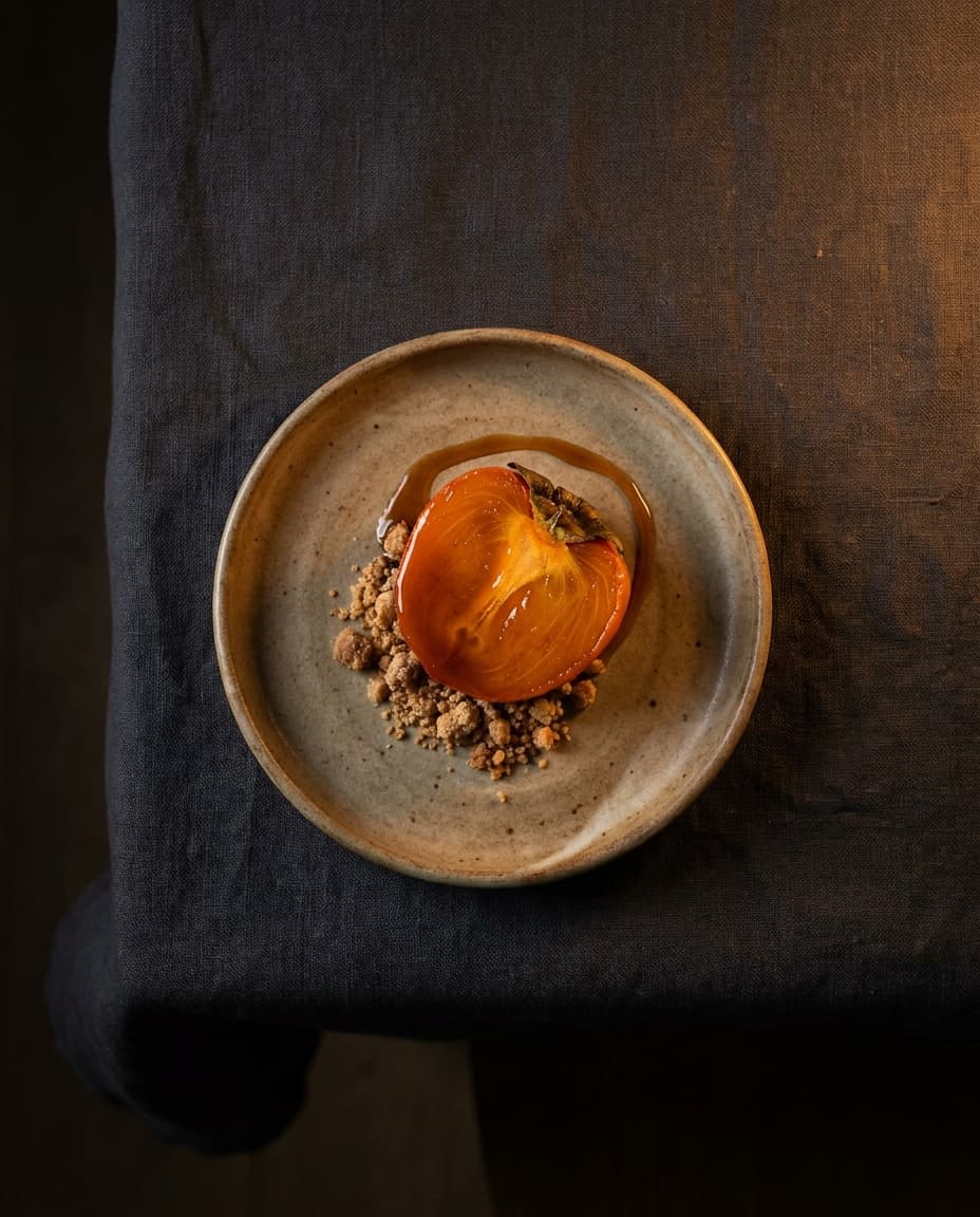 A persimmon, chestnut, and brown sugar dessert course on a small ceramic plate, dim moody light.