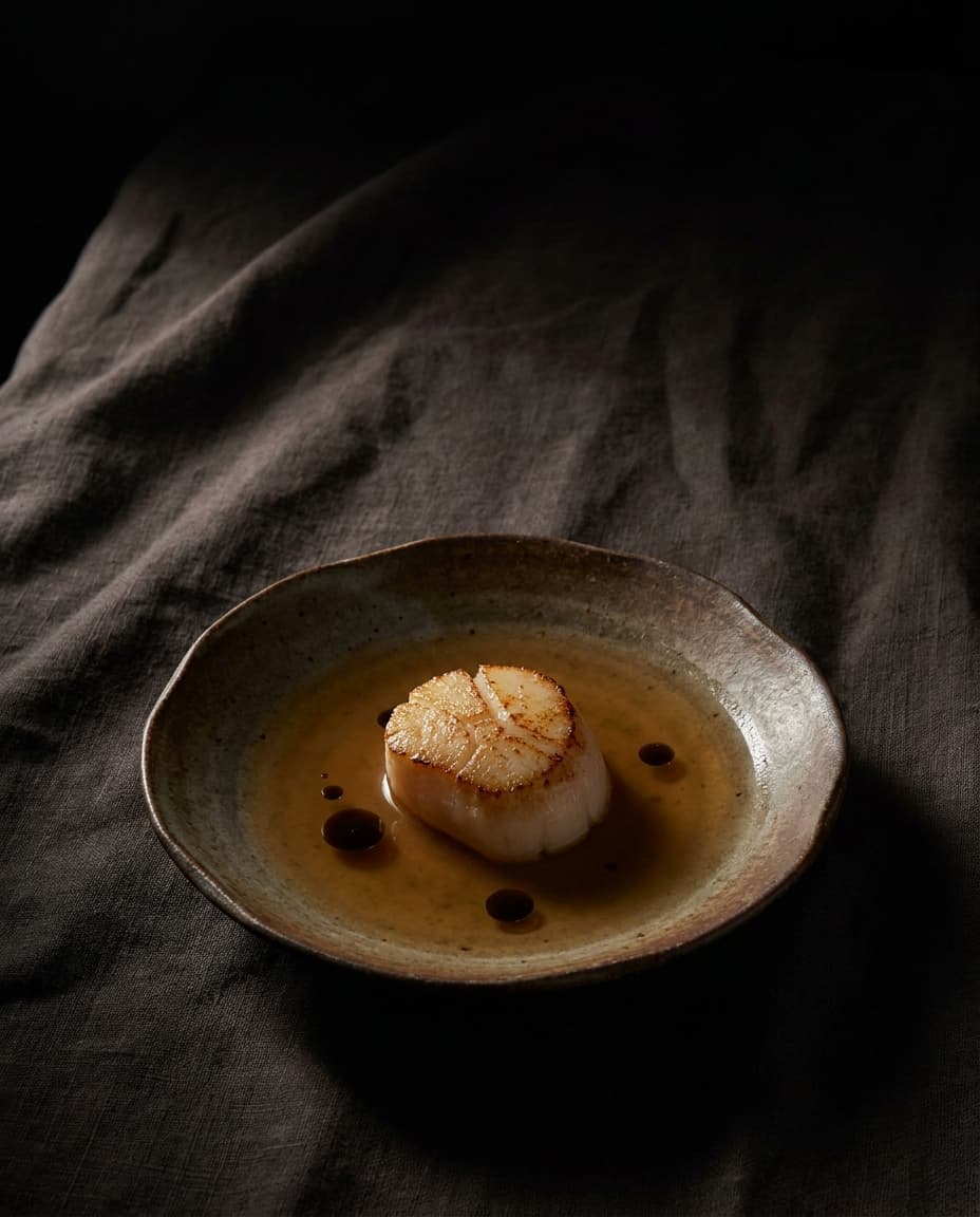 A hand-dived Hokkaido scallop course in a shallow bowl, dashi and kelp oil, dim moody light.