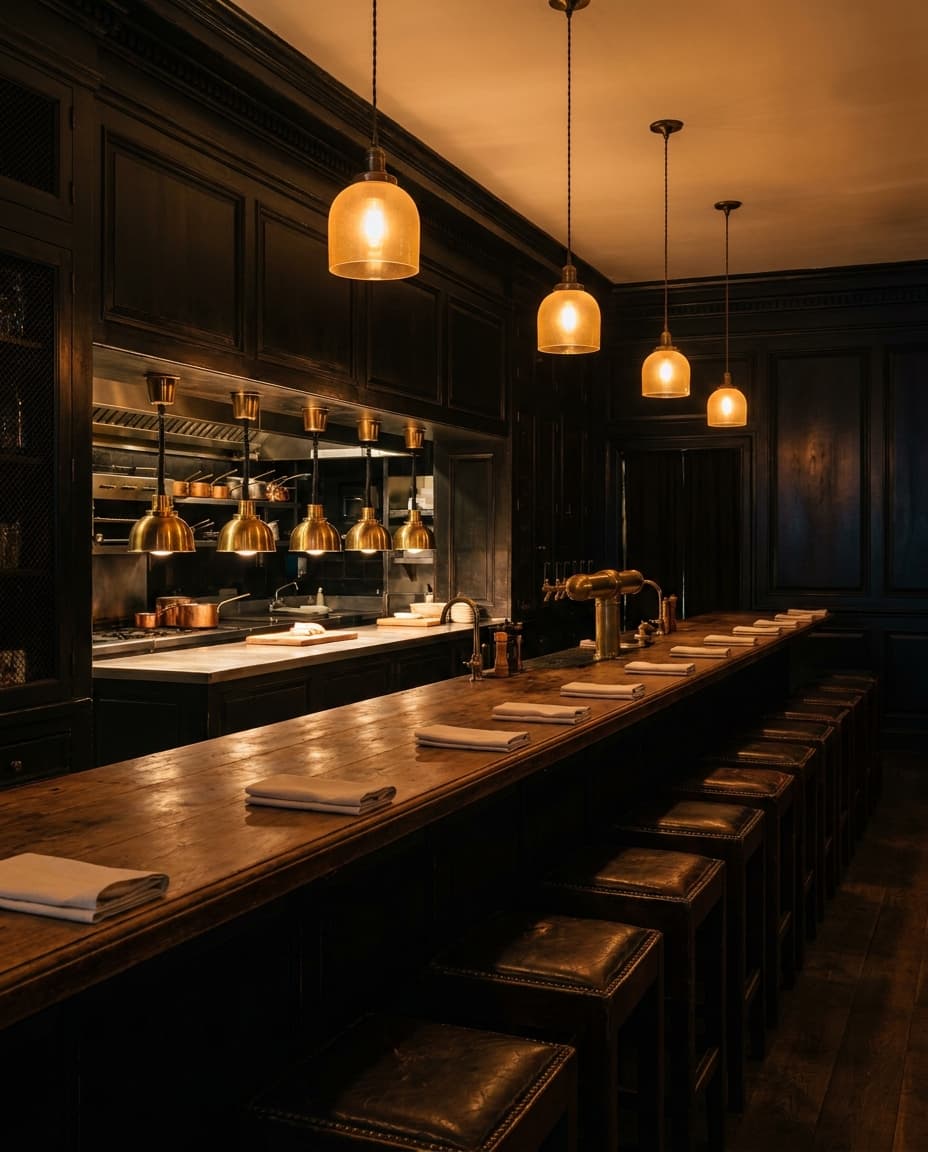 Pass Grand Avenue: an intimate dining room with an open kitchen counter, dimly lit, before service.