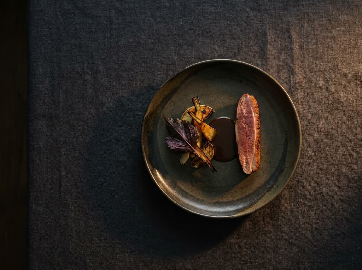Pass hero: a single plated dish from above on dark linen, dramatic side light, reverent gastronomy not Instagram aesthetic.