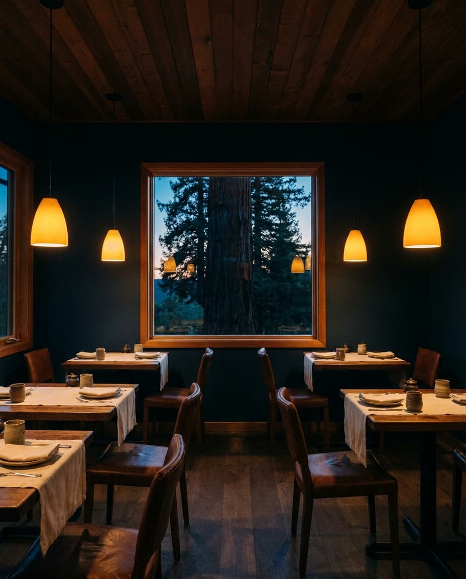 Pass Marin: a small twenty-seat dining room with a single redwood visible through the front window.
