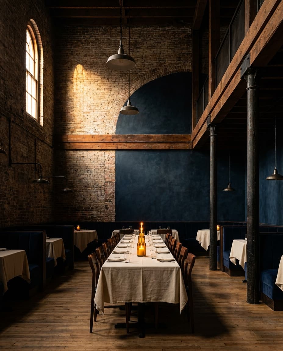 Pass Mission: a converted old union hall with a tall ceiling and dramatic single-source light.