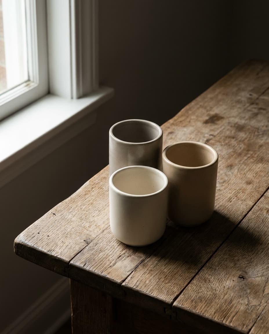 A grouping of three undecorated stoneware vessels on a pale plaster shelf, photographed in side light.