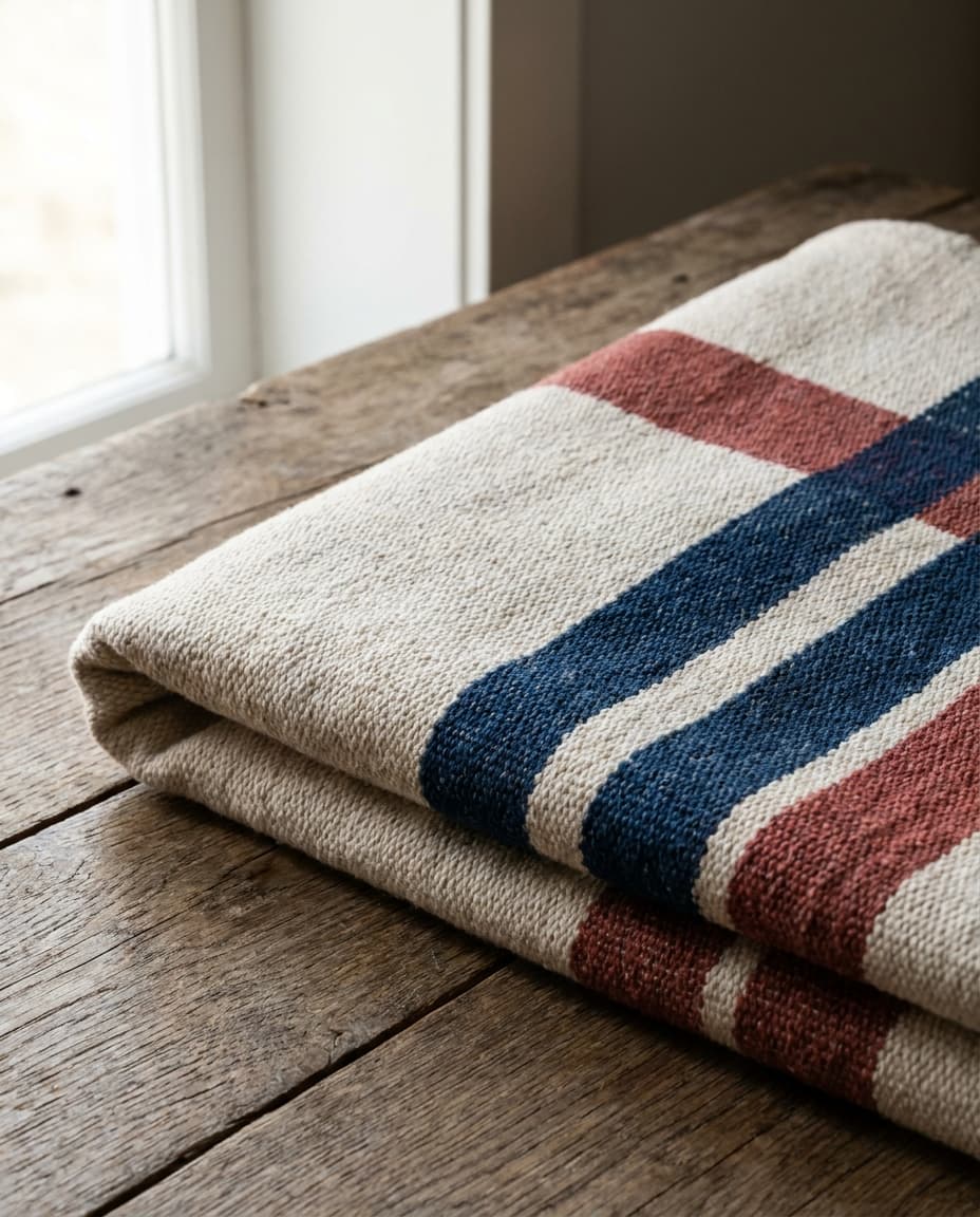 A folded stack of natural-fiber blankets in undyed cream and rust on a worn wooden bench.