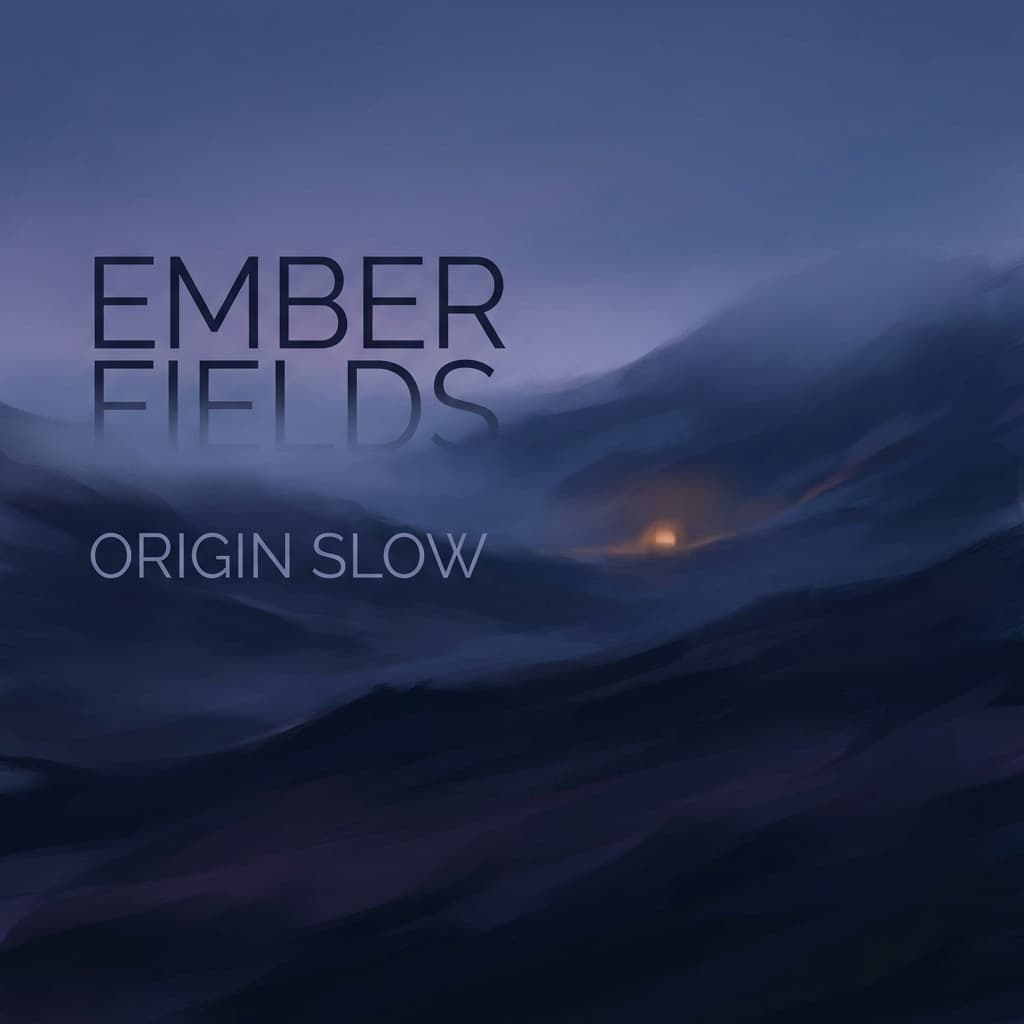 Album cover for Origin Slow by Ember Fields, atmospheric deep blue with warm accent.