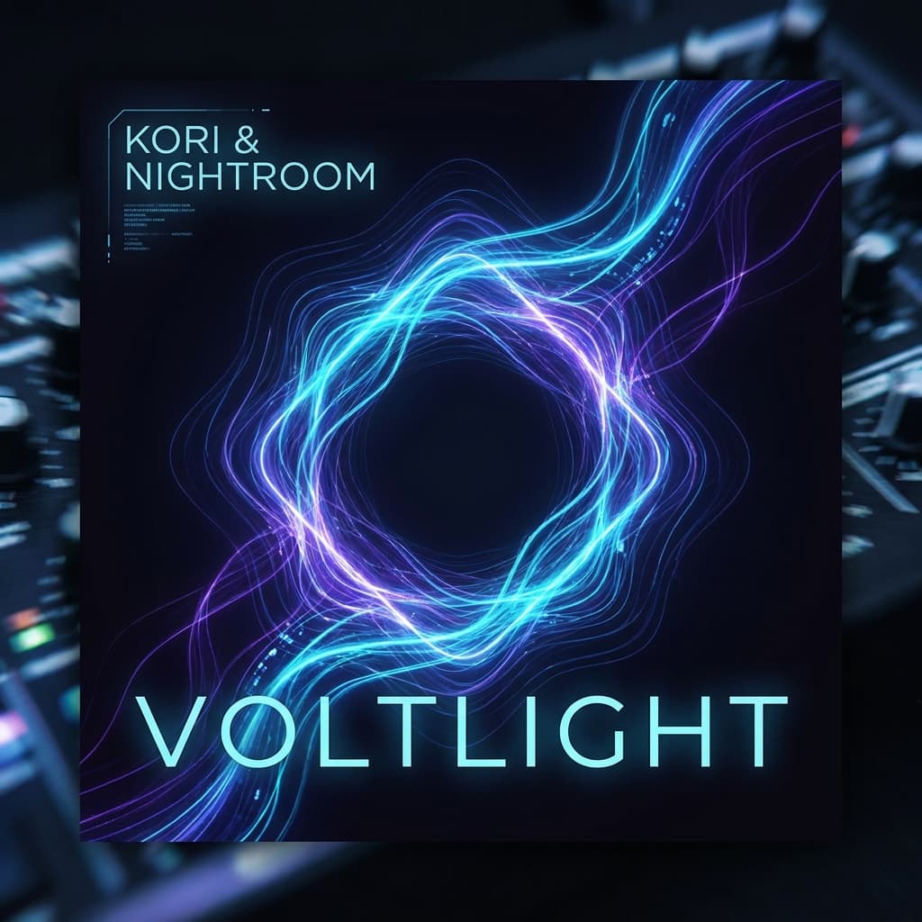 Album cover for Voltlight, a collaboration between Kori and Nightroom, in violet and cyan.