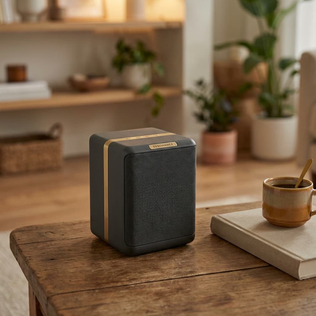 A smaller wireless Resonance speaker on a wood surface with a book and a coffee cup nearby.