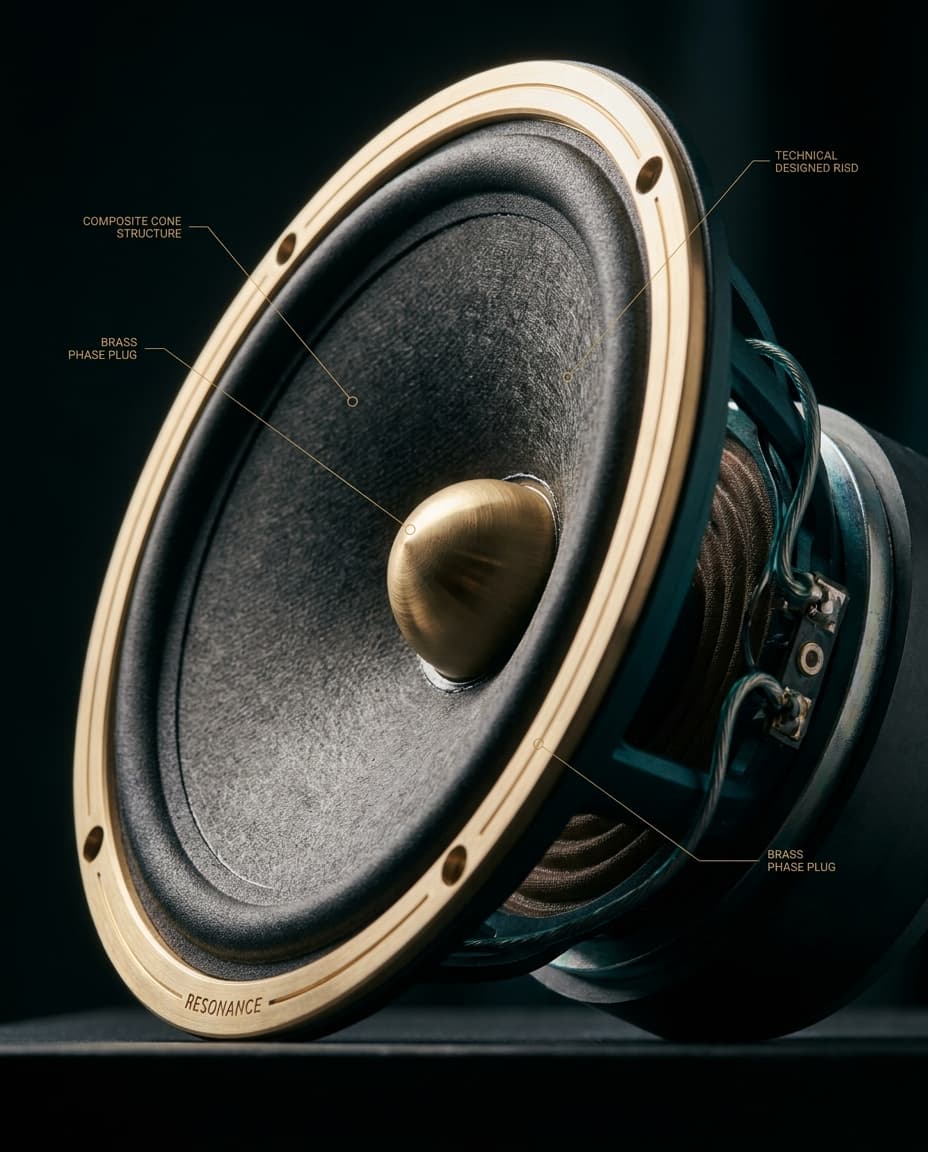 A close-up of a speaker driver with technical detail visible and dramatic side lighting.