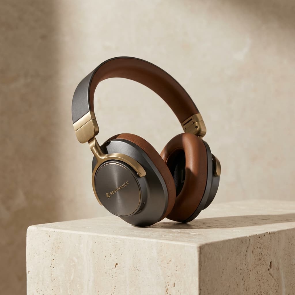 A pair of premium over-ear Resonance headphones in editorial style on a stone surface.
