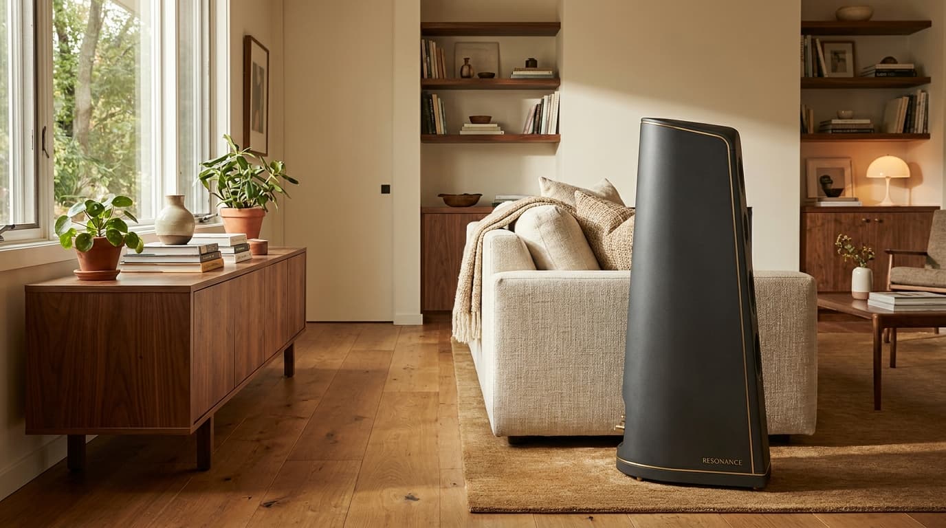 A Resonance speaker integrated into a designed mid-century living room interior.