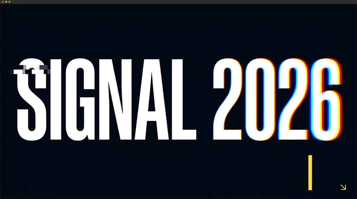 Signal hero: massive kinetic display typography frozen at the moment of a glitch, dark background with a single saturated yellow accent.