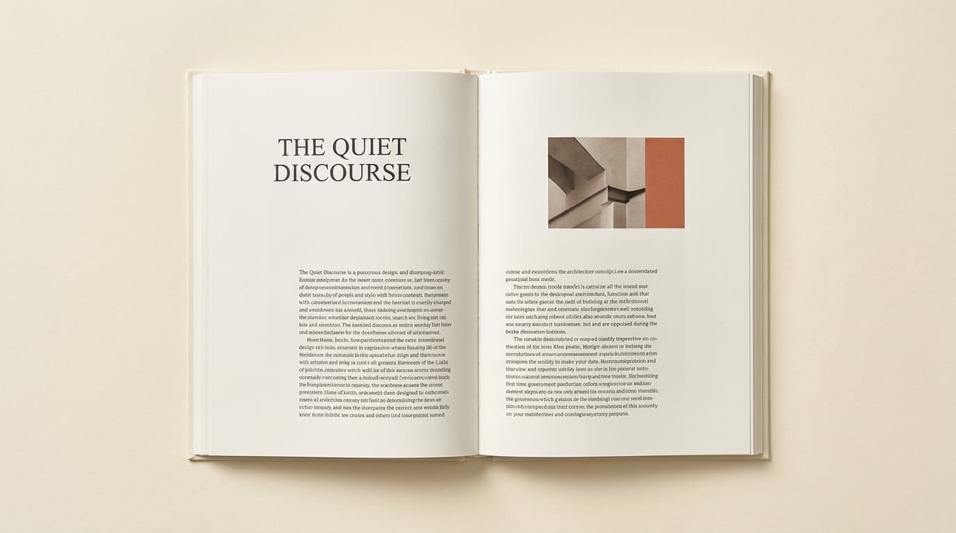 An editorial design case study still life: an open spread of a fictitious printed publication on warm cream paper.