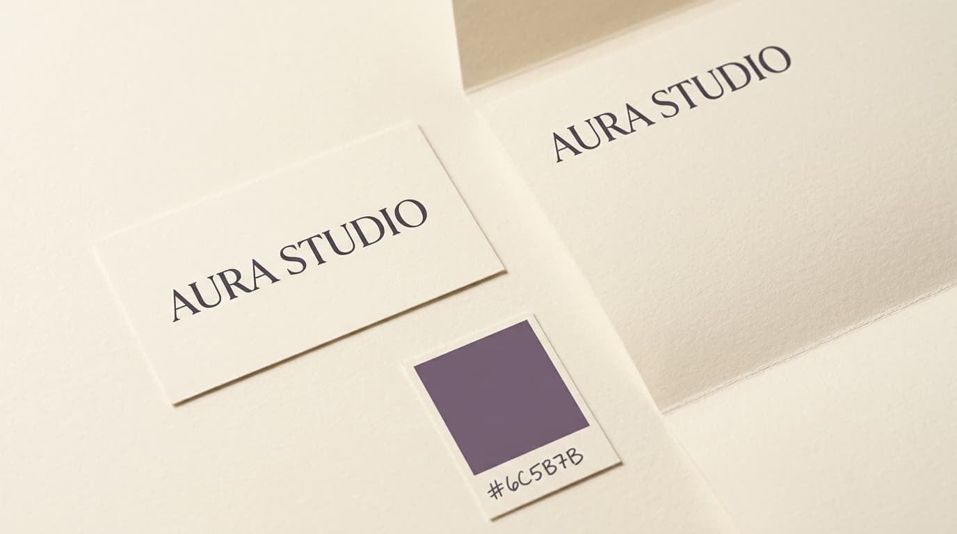 An identity system case study still life: business card, folded letterhead, color chip on warm cream paper.