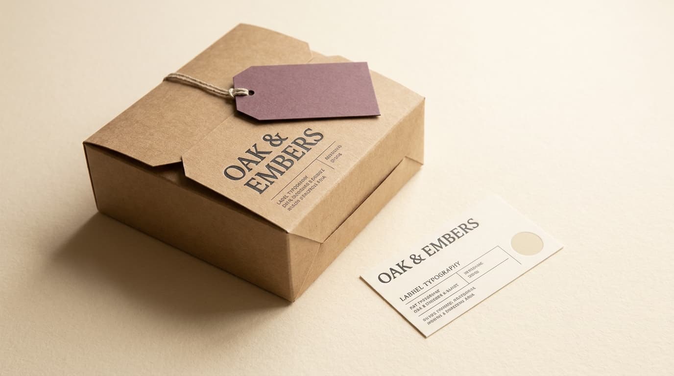 A packaging case study still life: a folded printed box with restrained label typography on warm cream paper.