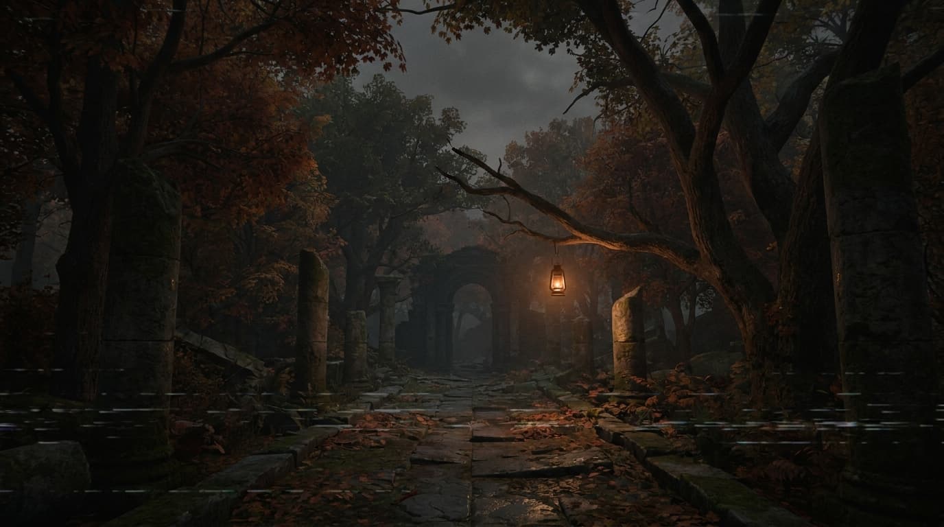 A forest ruin at dusk, moss-covered stone, broken wall reclaimed by trees, faint warm amber light through fog.