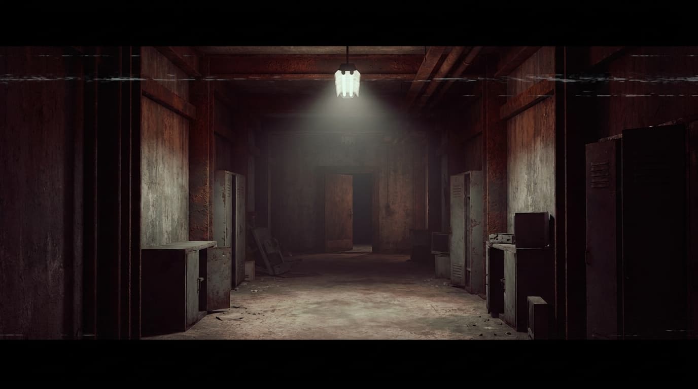 An abandoned facility corridor, low single-source warm amber lamp, peeling concrete walls, cinematic depth.