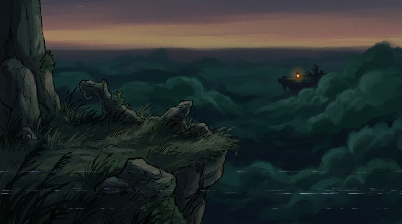 A sky-island vista at dusk, broken stone outcrops floating in cloud, distant warm amber horizon.