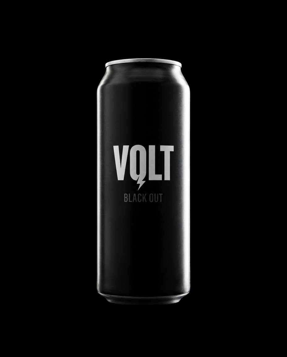 Volt Black Out can with stark white rim light against black.