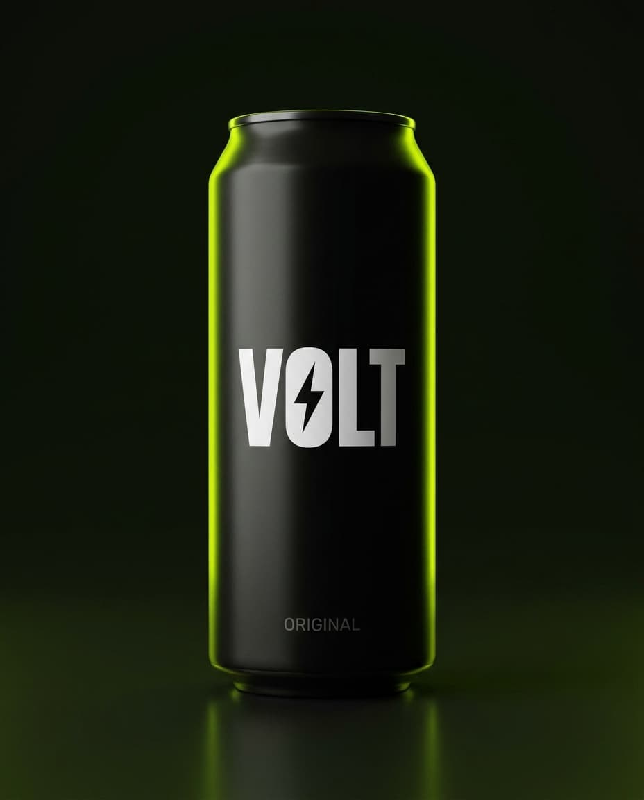Volt Original can with acid-green rim light against black.
