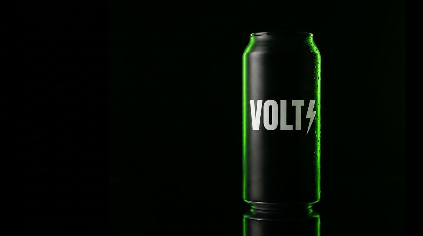 Volt hero: a matte-black aluminum can lit by stark acid-green rim lighting against pure black.