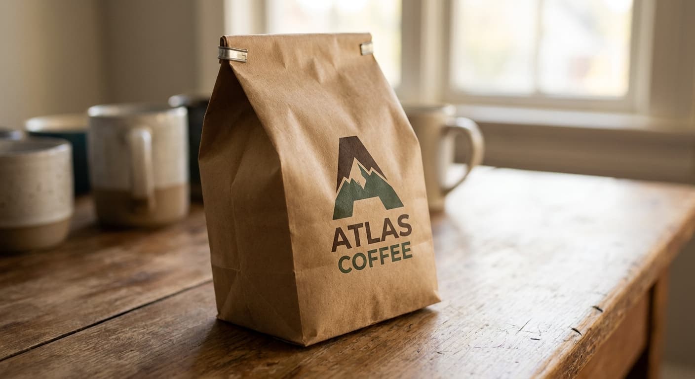 Atlas Coffee logo applied to: Retail bag, two-color print