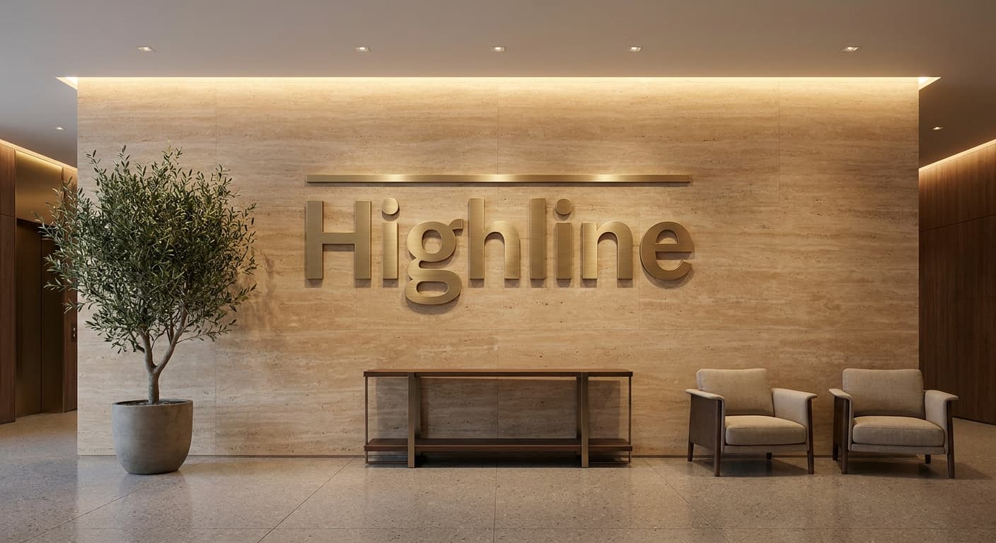 Highline logo applied to: Lobby signage, brass