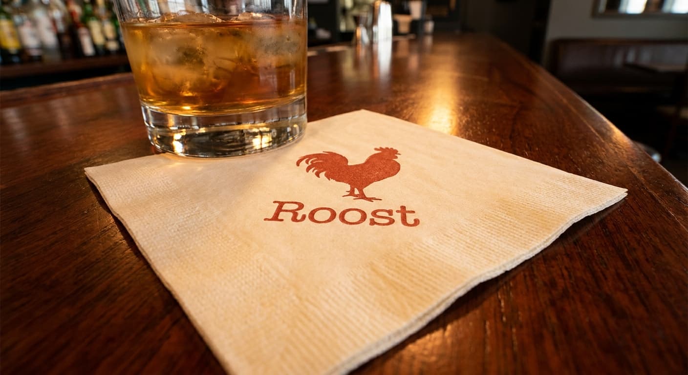 Roost logo applied to: Cocktail napkin