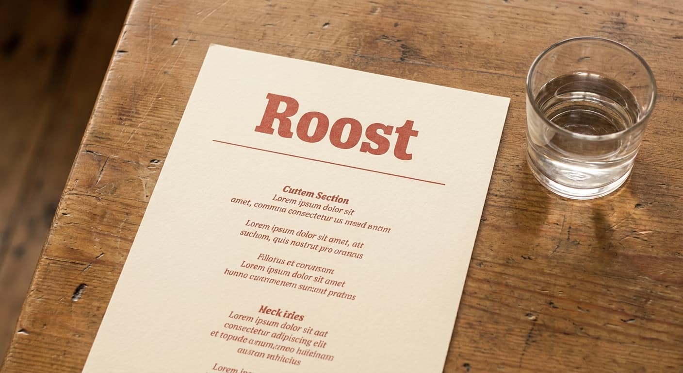 Roost logo applied to: Menu card header