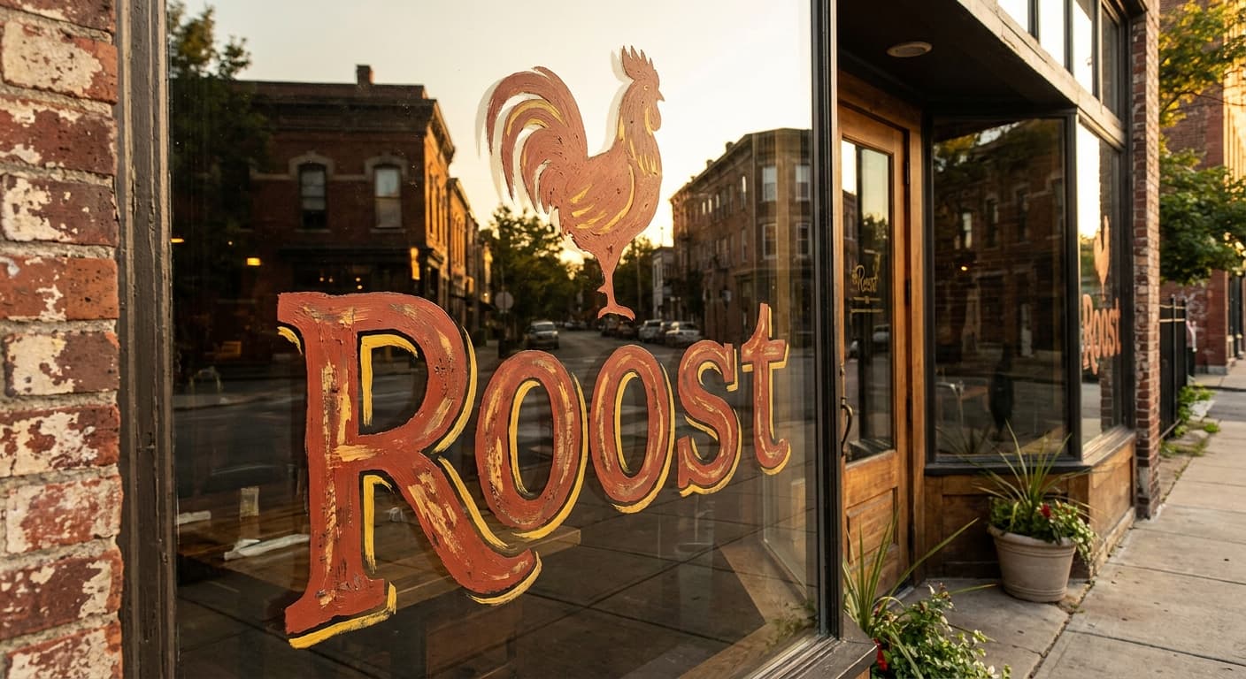 Roost logo applied to: Window signage, hand-painted