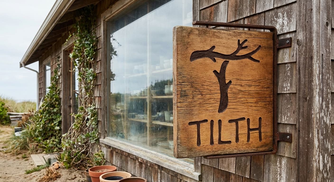 Tilth logo applied to: Studio sign, carved