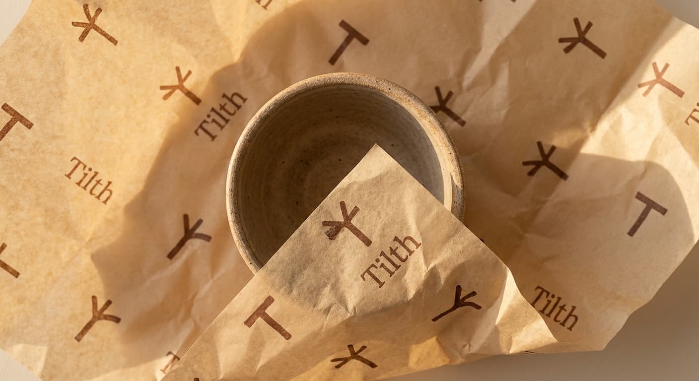 Tilth logo applied to: tissue-paper-packaging