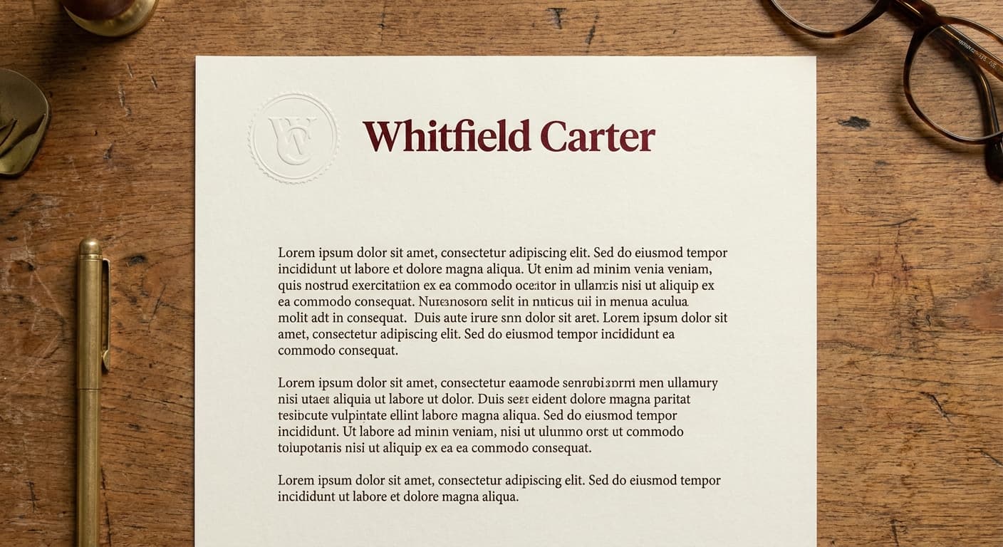 Whitfield Carter logo applied to: Foil-stamped letterhead